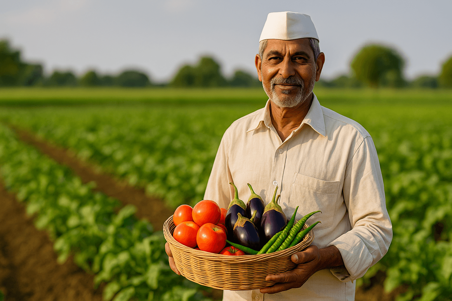 A smiling Indian farmer holding fresh Product in a field